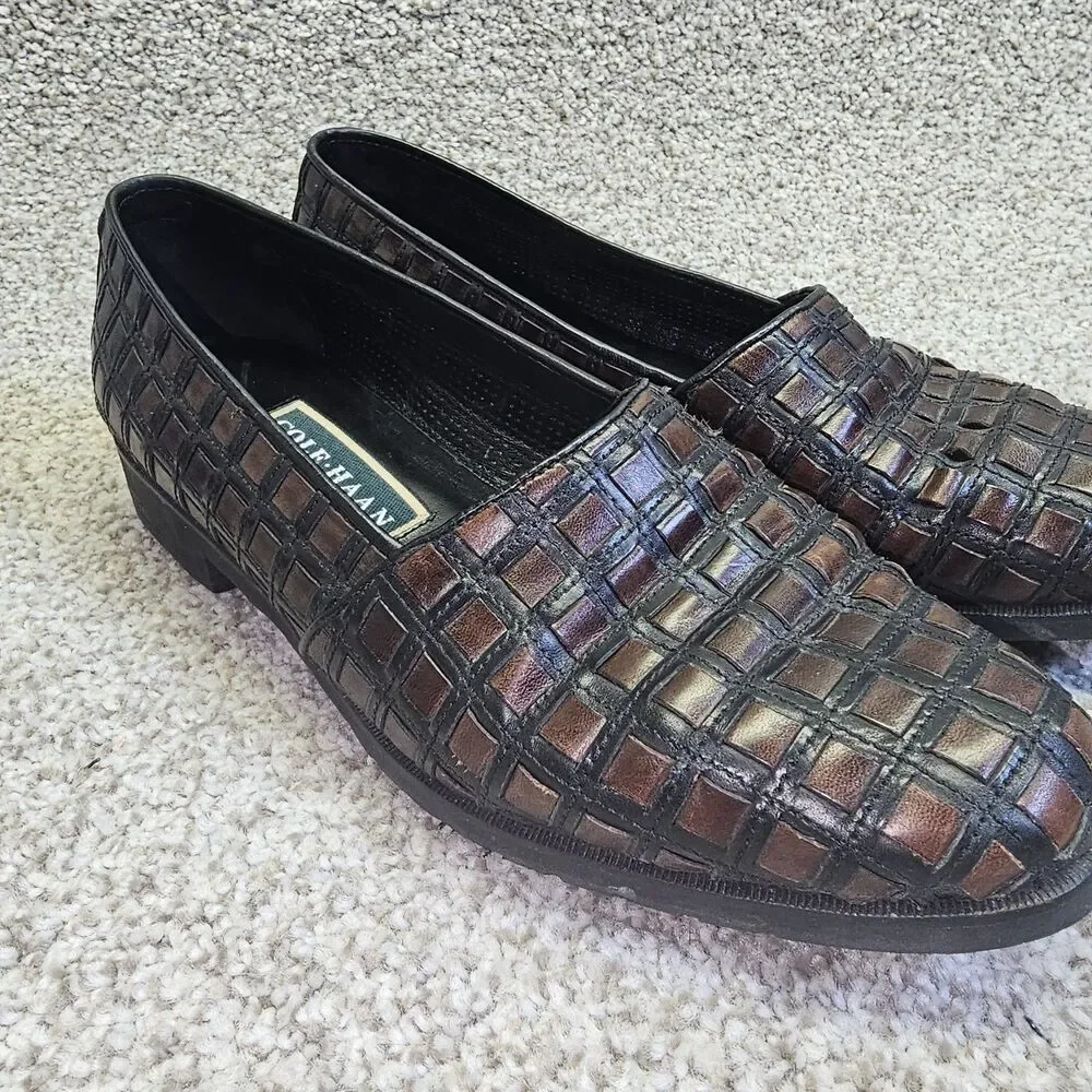 Vintage Cole Haan Women's Brown Leather Woven Shoes Size 6 1/2B Made‎ in Italy